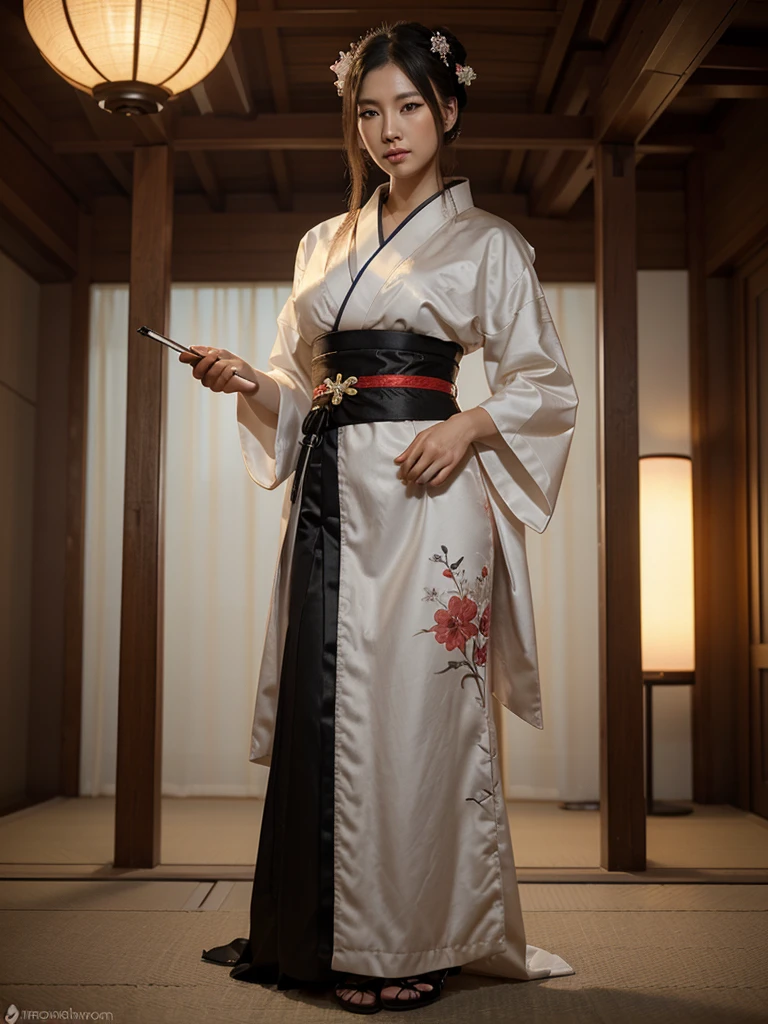 Необходимо создать concept-арт гейши для MMORPG, centered on a Japanese setting. A geisha should inspire grace, sophistication and mystery, typical of Japanese culture. Picture her in a traditional kimono with details, reflecting her status and professionalism. It is important to convey her grace and expressiveness through her pose and facial expression.. digital painting, full length, concept, full length пероснаж