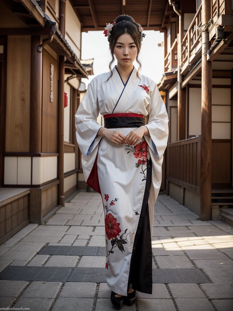 Необходимо создать concept-арт гейши для MMORPG, centered on a Japanese setting. A geisha should inspire grace, sophistication and mystery, typical of Japanese culture. Picture her in a traditional kimono with details, reflecting her status and professionalism. It is important to convey her grace and expressiveness through her pose and facial expression.. digital painting, full length, concept, full length пероснаж