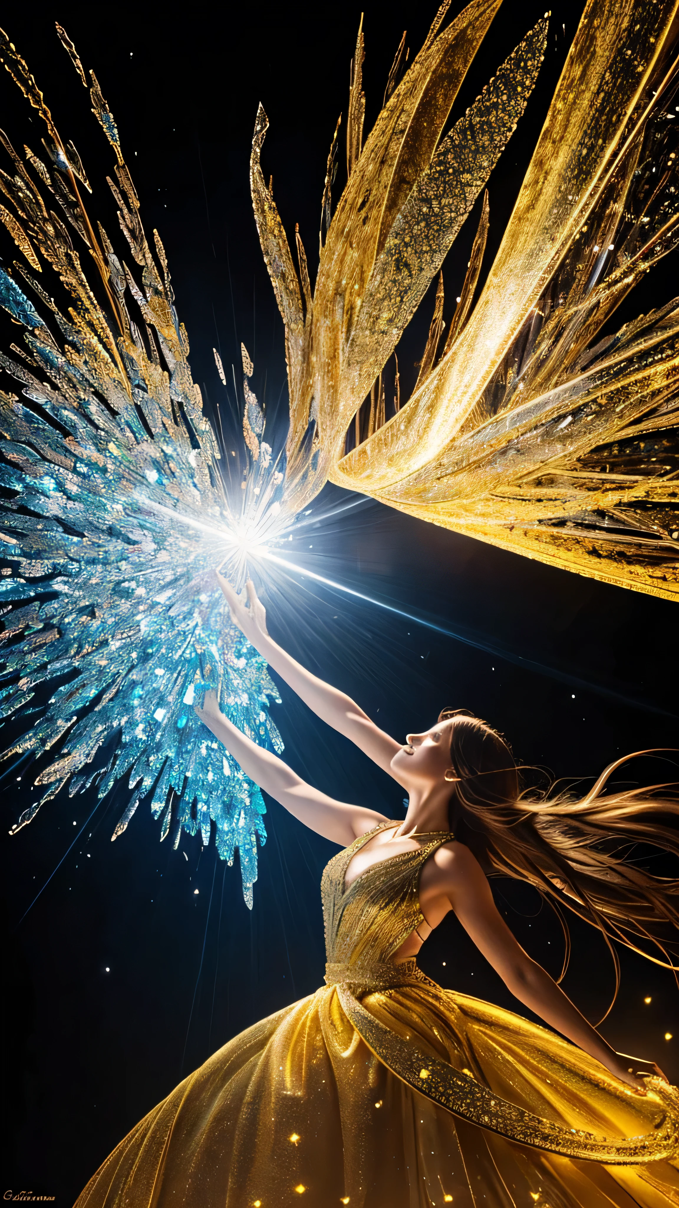 A beautiful woman and her man stand for the unity on Earth. The unity is crafted from yellow topaz glass, and it shatters dramatically. The shot should be a full body zoom with dynamic motion effects, emphasizing the shattering sculpture. Vibrant and colorful crystal particles should be depicted floating in the air, radiating from the sculpture as it breaks into numerous tiny pieces. The scene should be well-lit with studio lights, maintaining ultra-sharp focus and a high-speed shot aesthetic. The artwork is inspired by Mschiffer, featuring soft colors, bokeh, and a crystalline fire with translucent glowing crystals.