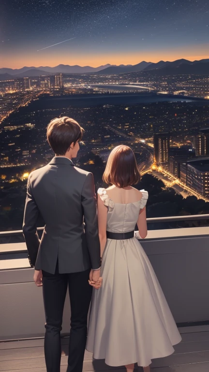 The Lookout at Night
**Description:** An elevated viewpoint with a panoramic view of the city at night. The city lights shine like stars. Lucas and Sofia are standing together, side-by-side, with Lucas holding a canvas that features a painting of the place where they met. A starry sky above envelops them, and there's a soft light that illuminates their faces.