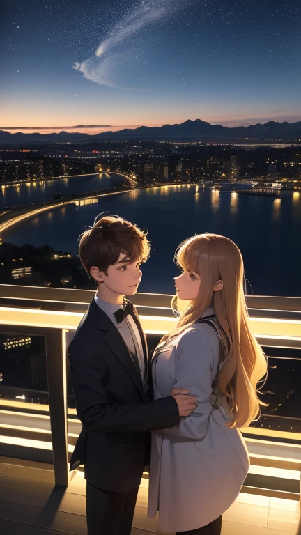 The Lookout at Night
**Description:** An elevated viewpoint with a panoramic view of the city at night. The city lights shine like stars. Lucas and Sofia are standing together, side-by-side, with Lucas holding a canvas that features a painting of the place where they met. A starry sky above envelops them, and there's a soft light that illuminates their faces.