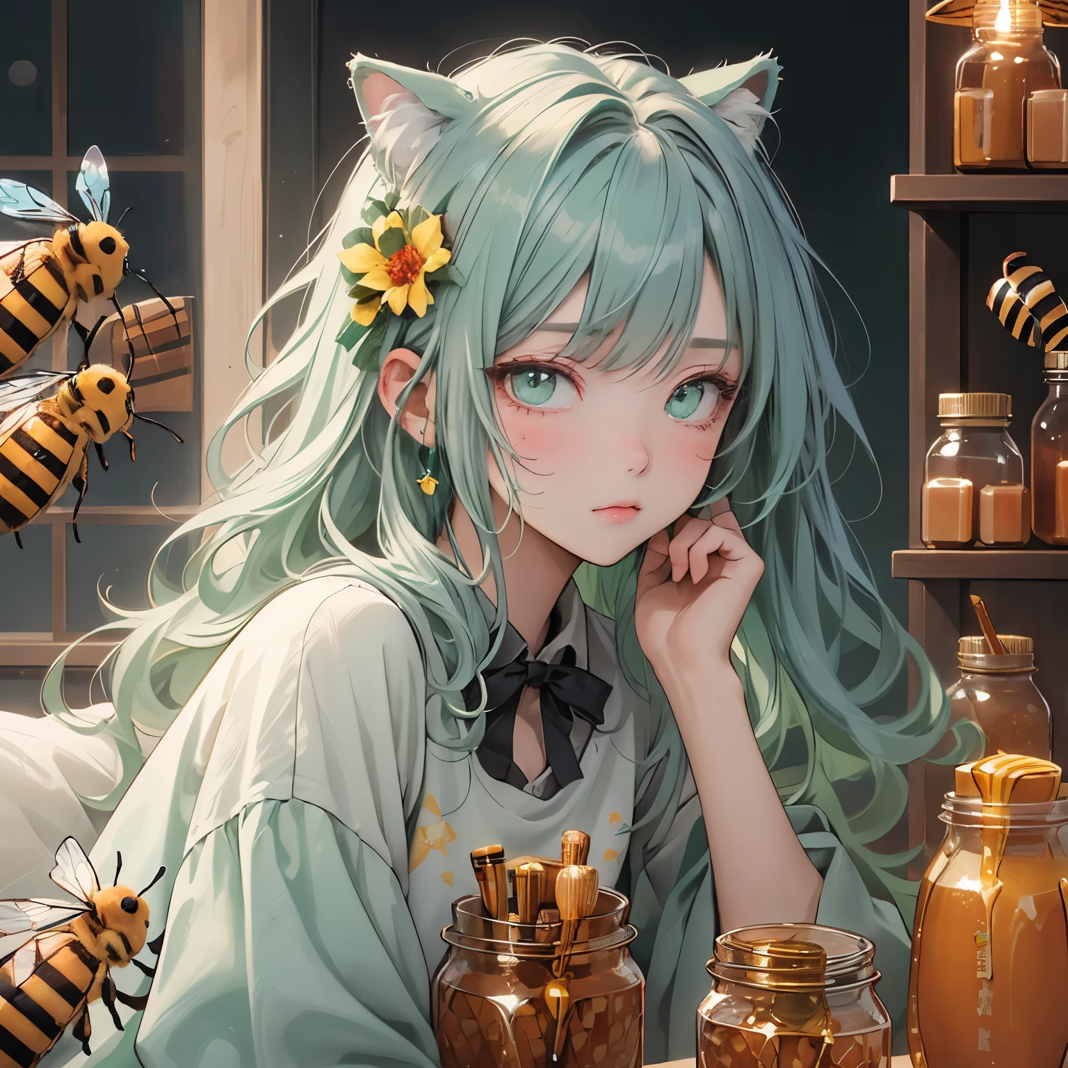 (masterpiece), Highest quality, Ultra-high resolution,Cat ears with a light mint green ribbon、Light mint green hair、Light mint green eyes、Light mint green clothing、(bee:1.3)、(beeの巣:1.3)、(Jar of honey:1.3)