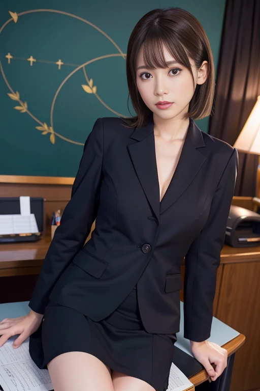 suit,2. Women,Realistic,(超high quality:1.2),Japanese,high quality,masterpiece,(Super detailed:1.4),60yo Japanese lady,Beautiful Face,(Really good:1.4),(skirt-suit:1.1),((office)),(Small breasts),thin,High resolution,up skirt:1.8, forced cheek job, 1 business man, realistic nipples, sitting, open thighs, show pantie Intentionally, grab breasts