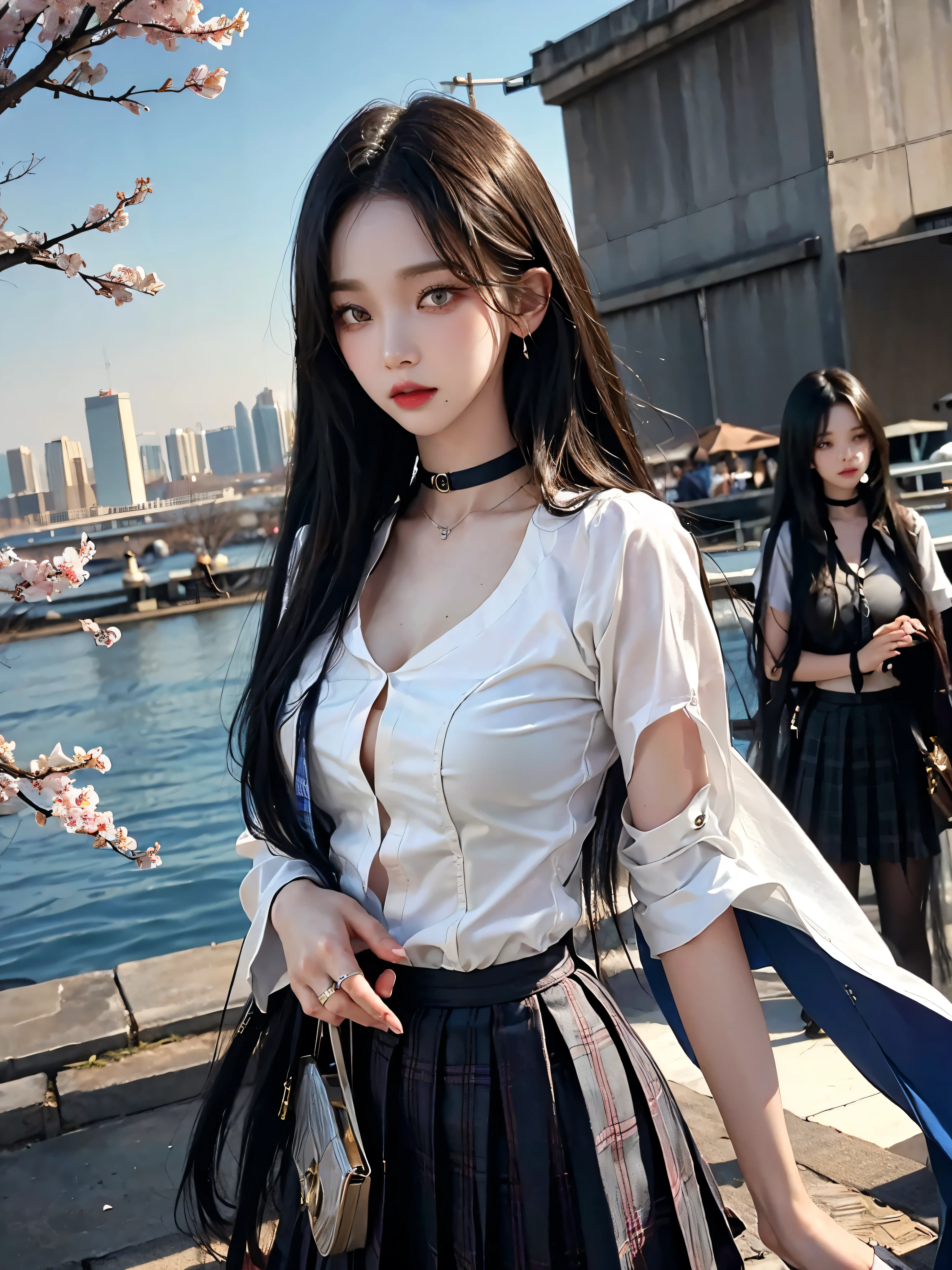 masterpiece, best quality, whole body, 1 woman, forehead, black choker, black necktie, blond hair, blue skirt, blush, bracelet, chest, choker, clothes approximately waist, clavicle, collared shirt, cowboy shot, dress shirt, ear piercing, eyebrows visible through hair, gradient hair, 이를 드러내고 laugh, fix, bijouterie, Kogal, long hair, looking at viewer, loose necktie, necktie, piercing, plaid, plaid skirt, pleated skirt, red eyes, ring, , shirt, skirt, laugh, alone, white shirt, distance, sky, Cherry Blossom, petal,illustration, (Magazines:1.3), (sheathe-style:1.3), fashionable, female, vibrant, outfit, posing, front, fancy, dynamic, background, coercion, confidence, expression, possession, name, accessories, majestic, coil, approximately, touch, scene, texts, sheathe, brave, attracting attention, title, Refined, font, catchy, headline, bigger, striking, modern, Trend, Concentrate upon, fashion,