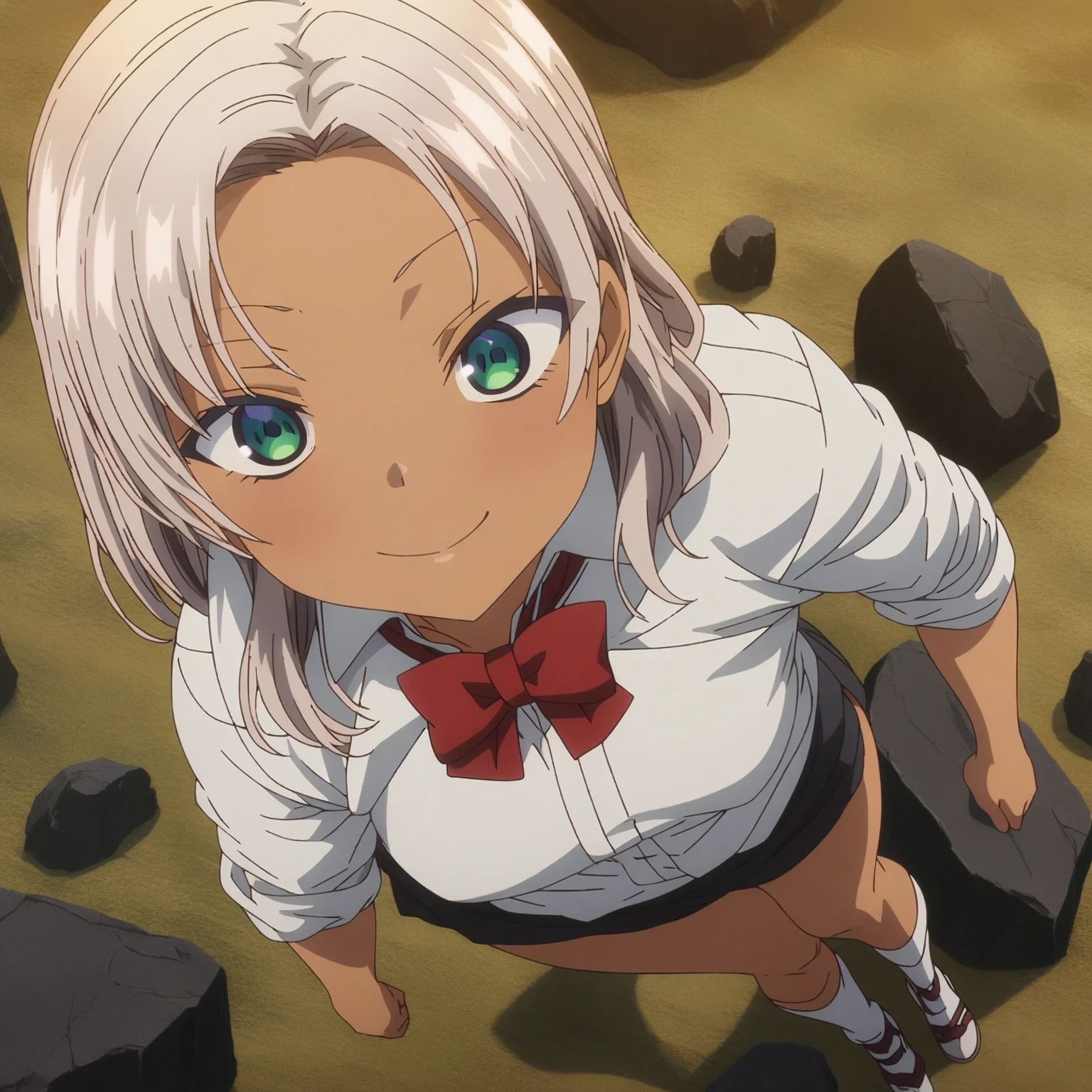 ​masterpiece,best quality,Ultra-detail:1.5,8k,beste Illustration,Very aesthetically pleasing,most absurd,Anime-Screencap,offcial art,
Viewers look at,smile,
alone,
Saehinata,1 girl,White hair,medium length hair,shining green eyes,fair-skinned woman,
White shirt,red bow tie,Sleeves rolled up,
Fold-_Rock,black Rock,
White socks,
Full body,Stand, perspective from above