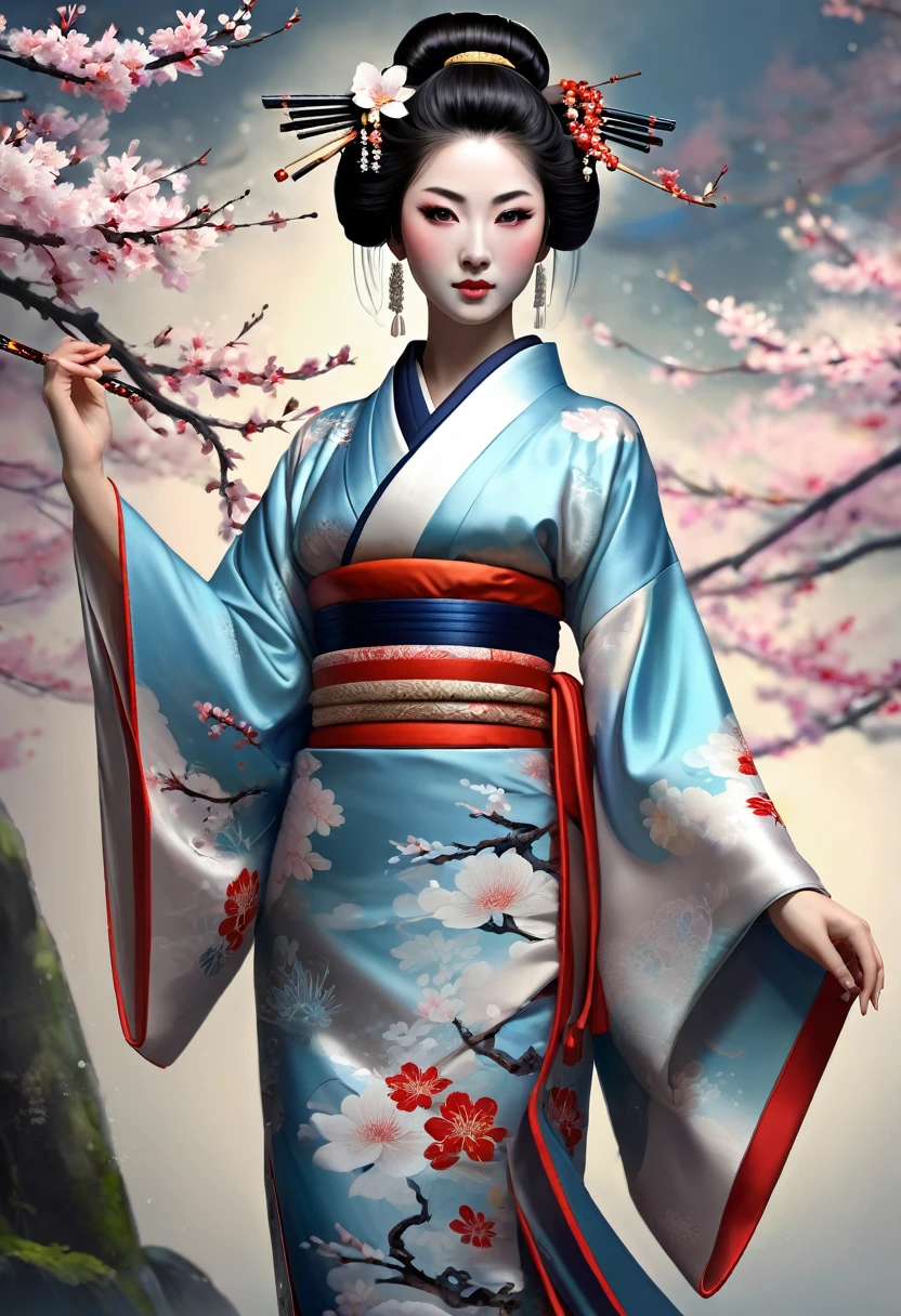 Необходимо создать concept-арт гейши для MMORPG, centered on a Japanese setting. A geisha should inspire grace, sophistication and mystery, typical of Japanese culture. Picture her in a traditional kimono with details, reflecting her status and professionalism. It is important to convey her grace and expressiveness through her pose and facial expression.. digital painting, full length, concept, full length пероснаж