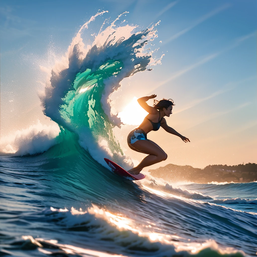Surfing,Wave Rider, Foam Trail, Blue Ocean, Sun-Kissed Skin, Board Balancing, Dynamic Pose, Sea Spray, Golden Hour, Adrenaline Rush, Nature's Playground