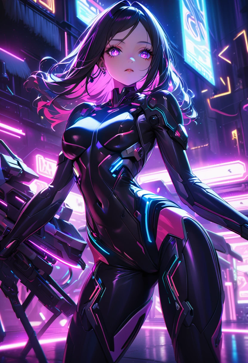 anime character,
futuristic,
cyber punk,
holding a microphone in the right hand
Walking while singing
Headphones with futuristic neon lights,
black bodysuit,
long black hair,
cybernet elements,
Woman warrior,
Highest quality,
Body suit luster,
beautiful expression,
Watercolor,
Vivid details on the bodysuit,