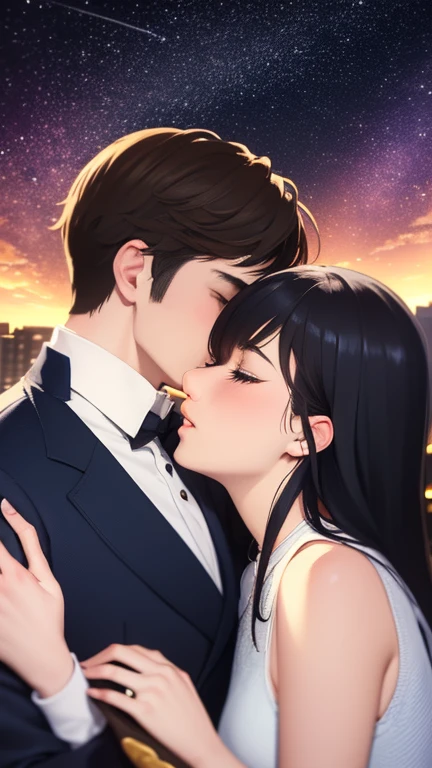 Scene 5: The Kiss and the Future
**Description:** A close-up of Lucas and Sofia kissing under the moonlight. Ao fundo, the stunning view of the city and stars. Lucas is holding the canvas with the painting and a small shell with a heart drawn on it.. The atmosphere is magical and romantic, symbolizing their love promised forever.
