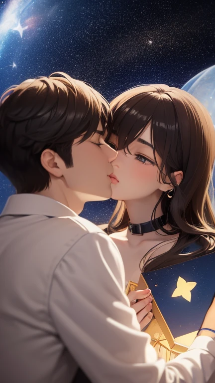 Scene 5: The Kiss and the Future
**Description:** A close-up of Lucas and Sofia kissing under the moonlight. Ao fundo, the stunning view of the city and stars. Lucas is holding the canvas with the painting and a small shell with a heart drawn on it.. The atmosphere is magical and romantic, symbolizing their love promised forever.

