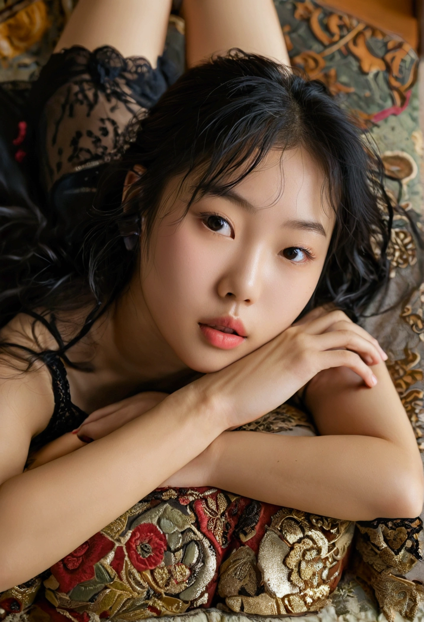 Thin 18 year old Asian girl dressed in black lingerie lying on the furniture with her hands in her vagina and legs spread