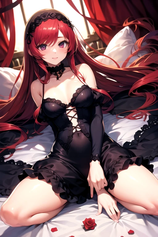 Red Hair Red Rose、girl、Rozen Maiden's Crimson、Her hair is red、night、outside、In the rose garden、stand、(((Red Hair)))Red hair、1 person、In the rose、night中