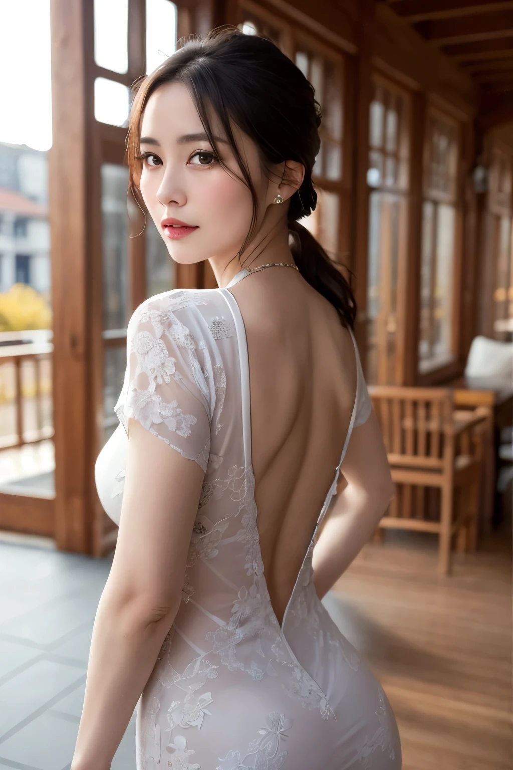 One girl, Mature Woman, photograph, Realistic, Highest quality, Detailed face, Detailed Background, Diffused sunlight, Depth of written boundary, Bokeh, China dress, sexy, Tribal pattern, back