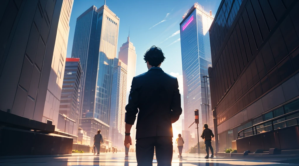 8K , best quality:2 , masterpiece , BREAK , official art , BREAK , back view ,(20 years old) , a man , from directly below ,silhouette:0.5 ,  fine line drawing:1.4, fine detail:1.3 , BREAK , Volumetric lighting , countless Skyscraper:1.5 , sky,  fine line drawing:1.4, fine detail:1.3