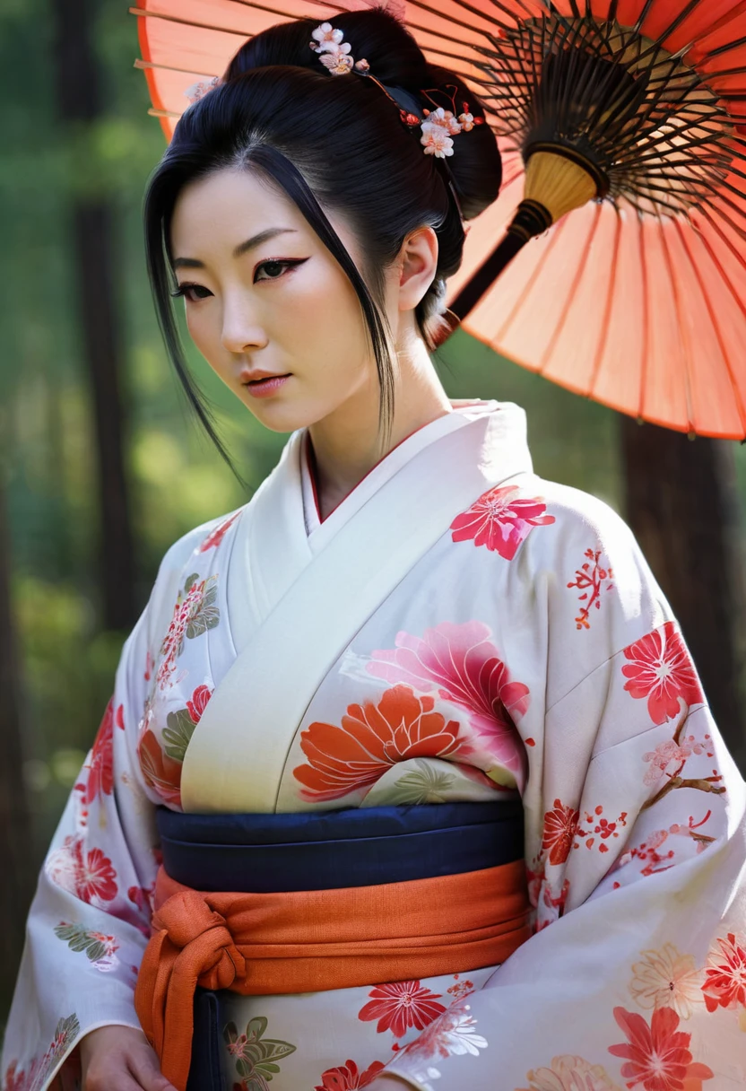 Необходимо создать concept-арт гейши для MMORPG, centered on a Japanese setting. full length, concept, full length пероснаж, A geisha should inspire grace, sophistication and mystery, typical of Japanese culture. Picture her in a traditional kimono with details, reflecting her status and professionalism. It is important to convey her grace and expressiveness through her pose and facial expression.. digital painting, full length, concept, full length пероснаж