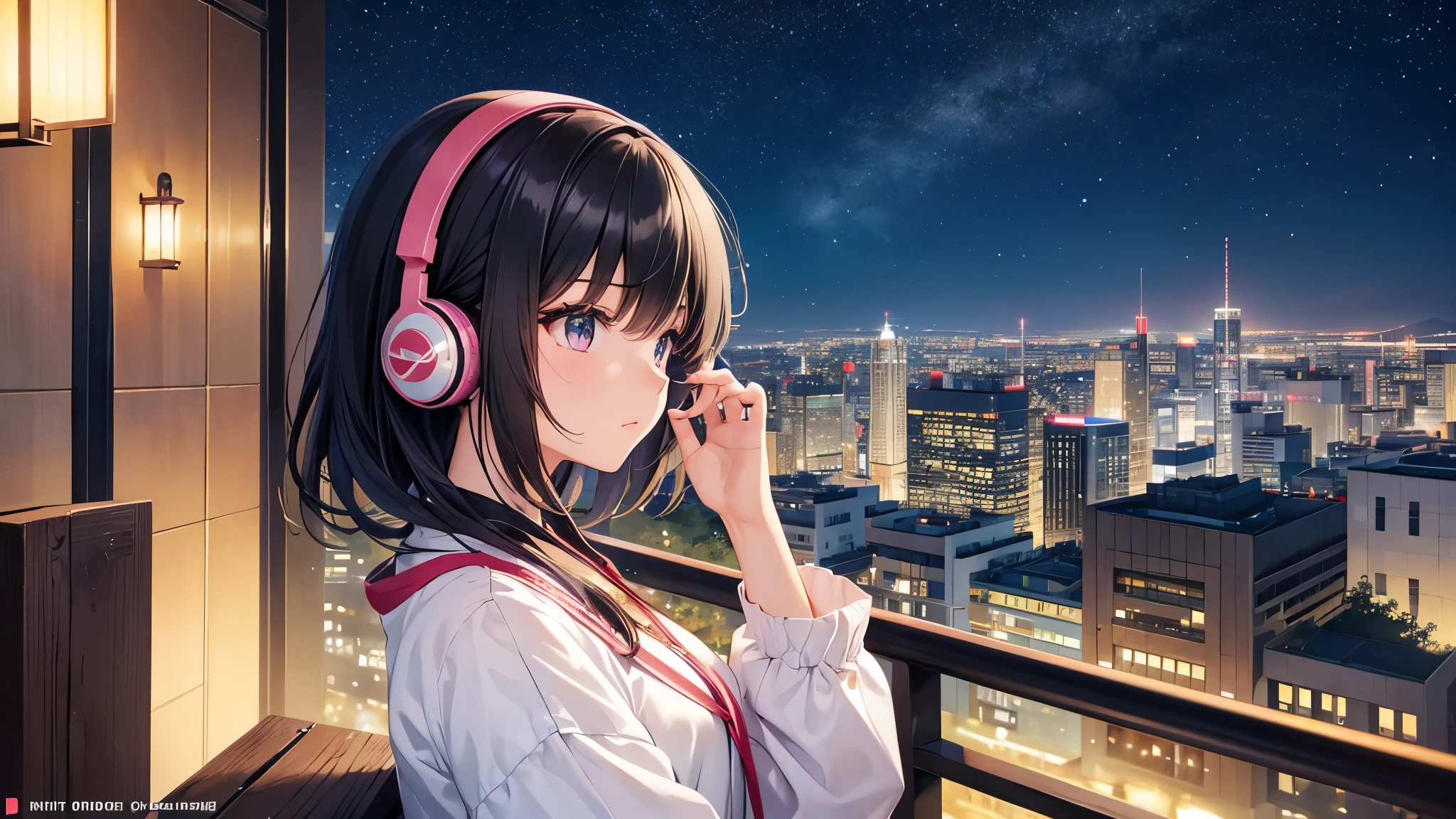 Places where you can see Osaka Castle。A young girl with black hair wearing stylish clothes and headphones labeled "lo-fi" The girl is shown in profile, gazing into the distance with a calm, relaxed expression Background depicts the iconic scenery of Namba, Osaka at night, without any text on signs A starry night sky adding to the peaceful atmosphere Overall mood is quiet and serene, perfect for lo-fi music Detailed hair rendering and careful attention to the girl's fashionable outfit The entire scene should evoke a relaxing, introspective feeling associated with lo-fi music