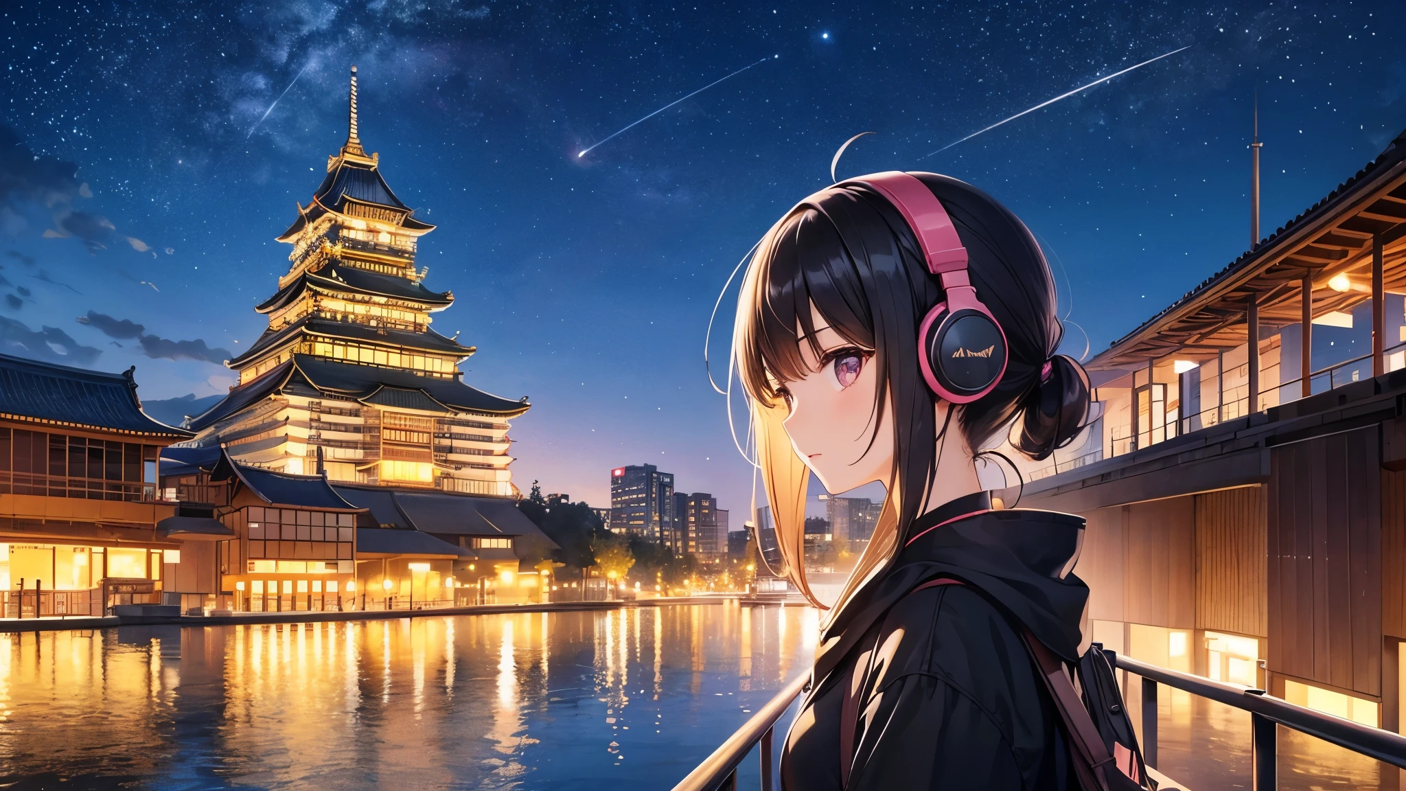 Places where you can see Osaka Castle。A young girl with black hair wearing stylish clothes and headphones labeled "lo-fi" The girl is shown in profile, gazing into the distance with a calm, relaxed expression Background depicts the iconic scenery of Namba, Osaka at night, without any text on signs A starry night sky adding to the peaceful atmosphere Overall mood is quiet and serene, perfect for lo-fi music Detailed hair rendering and careful attention to the girl's fashionable outfit The entire scene should evoke a relaxing, introspective feeling associated with lo-fi music