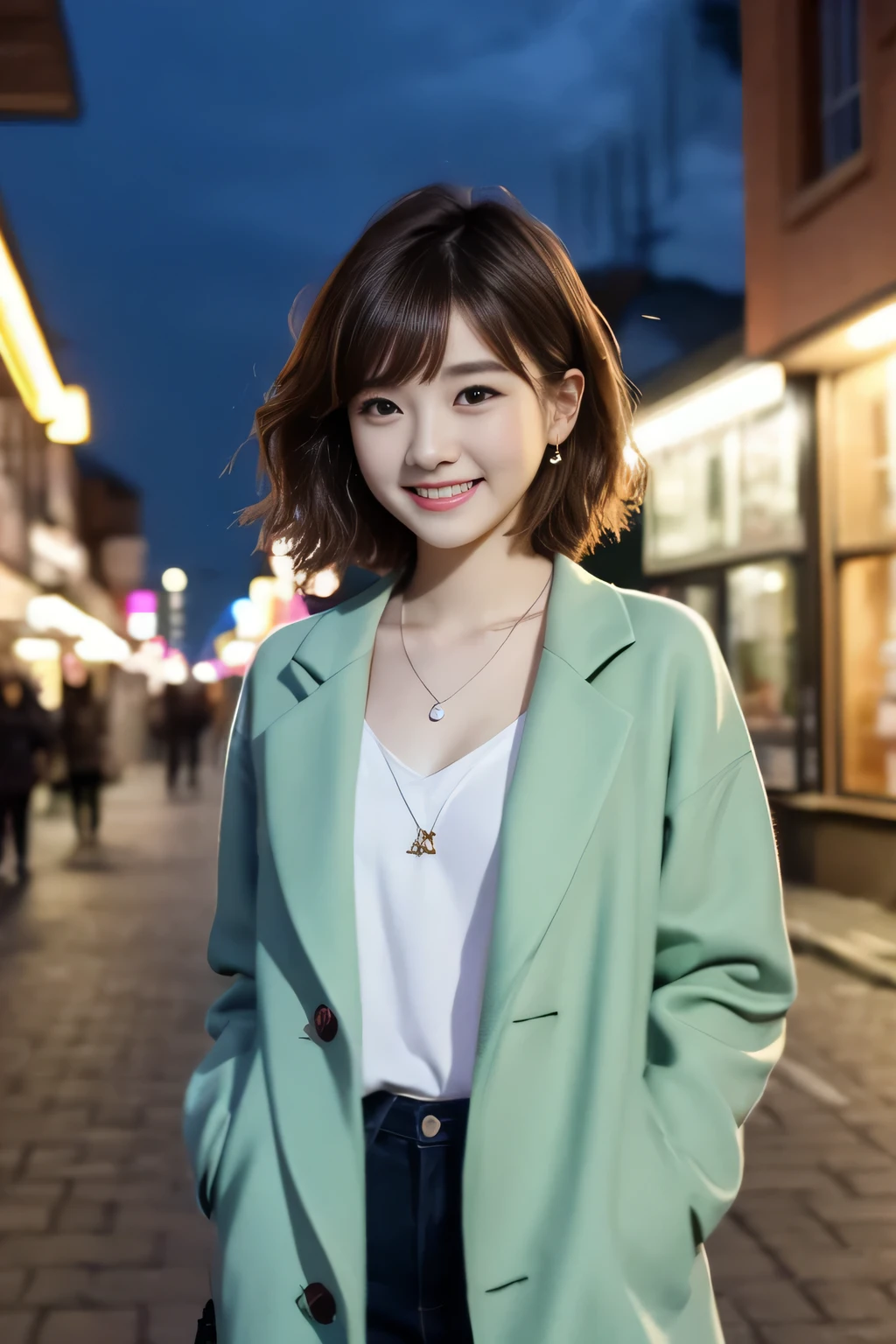 、、smile、Beautiful teeth alignment、Short Haircut、Brown Hair、Ear piercing、necklace(work of art, high qualiy) Woman in coat、The background is the city at night