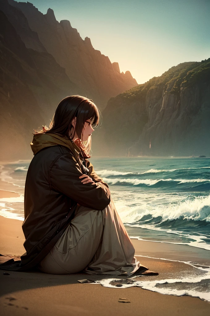 (masterpiece, Highest quality: 1.2), Super detailed, Cinema Lighting, High resolution, figure, landscape, One girl, (Soft colors), Post-apocalyptic beach, night, Desolate atmosphere, Girl sitting on the sand, Vegetation Covered, (Cloudy), Waves crashing on the shore, (Depressing but hopeful), A moment of quiet rest, (Detailed Texture), Windblown Hair, nightは曇り