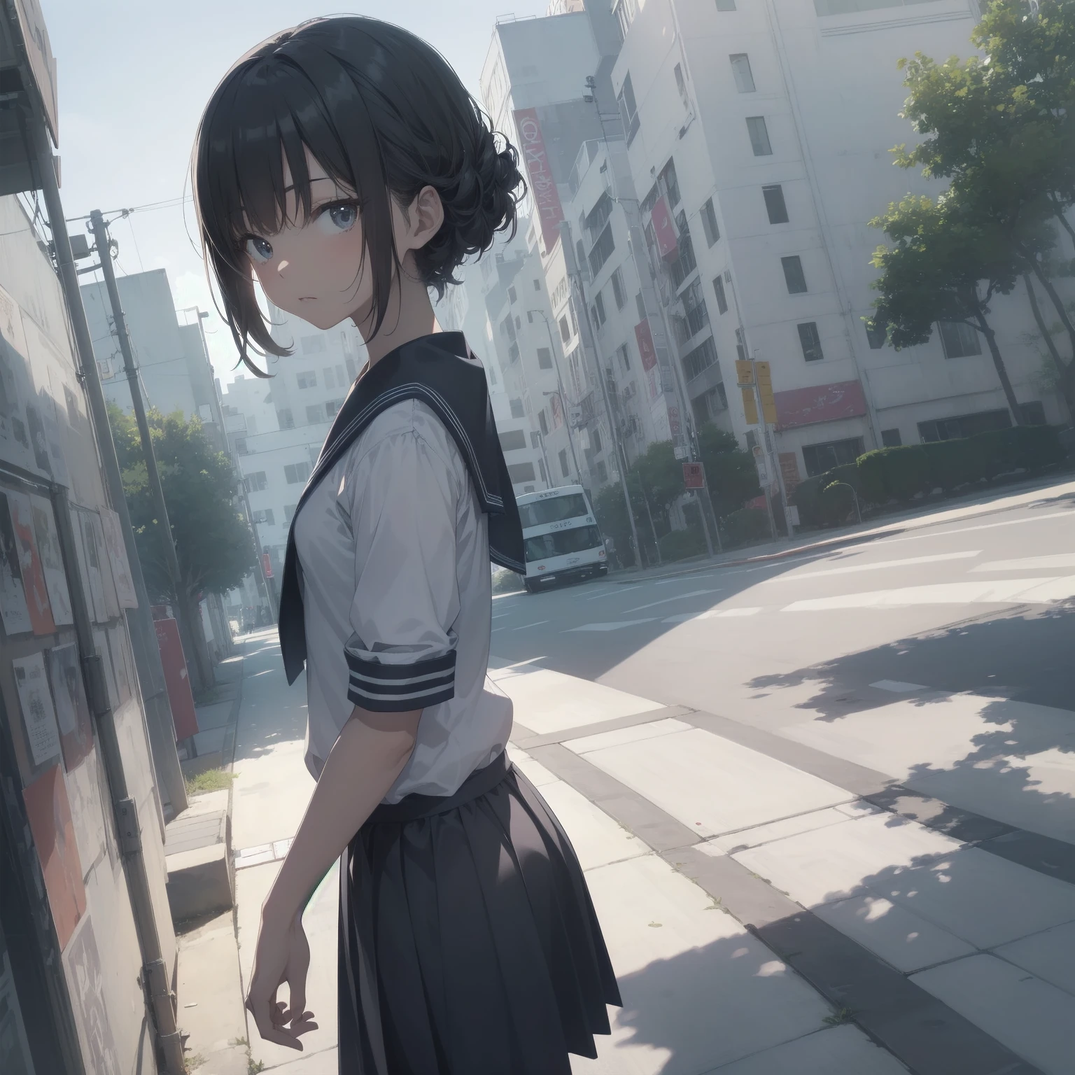 ultra-absurdres-Top quality by artist God, ultra-detailed, high resolution, anime moe artstyle, best anime 8k konachan wallpaper, pixiv contest winner, pool:2810, perfect anatomy,break, 1girl, (Please draw a girl walking sleepily to school alone. )break,(Solo,little female, 13-year-old:1.3),Full limbs, complete fingers,a junior high school student, (very short hair), short cut, flat chest, , small butt, small black eyes, beautiful detailed eyes, well-proportioned iris and pupils, expressive eyes, highres detailed hair, soft expression, salor school_uniform, sailor collar, serahuku, bow, pleated skirt,(Detailed Lighting), (Detailed background), in the School commute route. break,super detailed skin, Best cinematic lighting powered by famous artist, 8k,beauty illustration,photoshop_(medium),very aesthetic,break,((artist:nekotoufu )), artist:clamp ,artist:carnelian ,artist:kantoku ,
