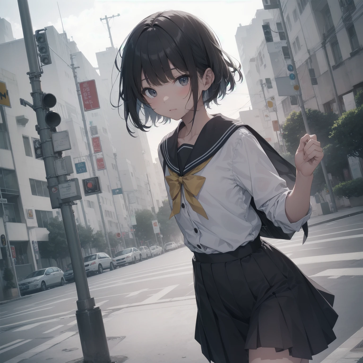 ultra-absurdres-Top quality by artist God, ultra-detailed, high resolution, anime moe artstyle, best anime 8k konachan wallpaper, pixiv contest winner, pool:2810, perfect anatomy,break, 1girl, (Please draw a girl walking sleepily to school alone. )break,(Solo,little female, 13-year-old:1.3),Full limbs, complete fingers,a junior high school student, (very short hair), short cut, flat chest, , small butt, small black eyes, beautiful detailed eyes, well-proportioned iris and pupils, expressive eyes, highres detailed hair, soft expression, salor school_uniform, sailor collar, serahuku, bow, pleated skirt,(Detailed Lighting), (Detailed background), in the School commute route. break,super detailed skin, Best cinematic lighting powered by famous artist, 8k,beauty illustration,photoshop_(medium),very aesthetic,break,((artist:nekotoufu )), artist:clamp ,artist:carnelian ,artist:kantoku ,