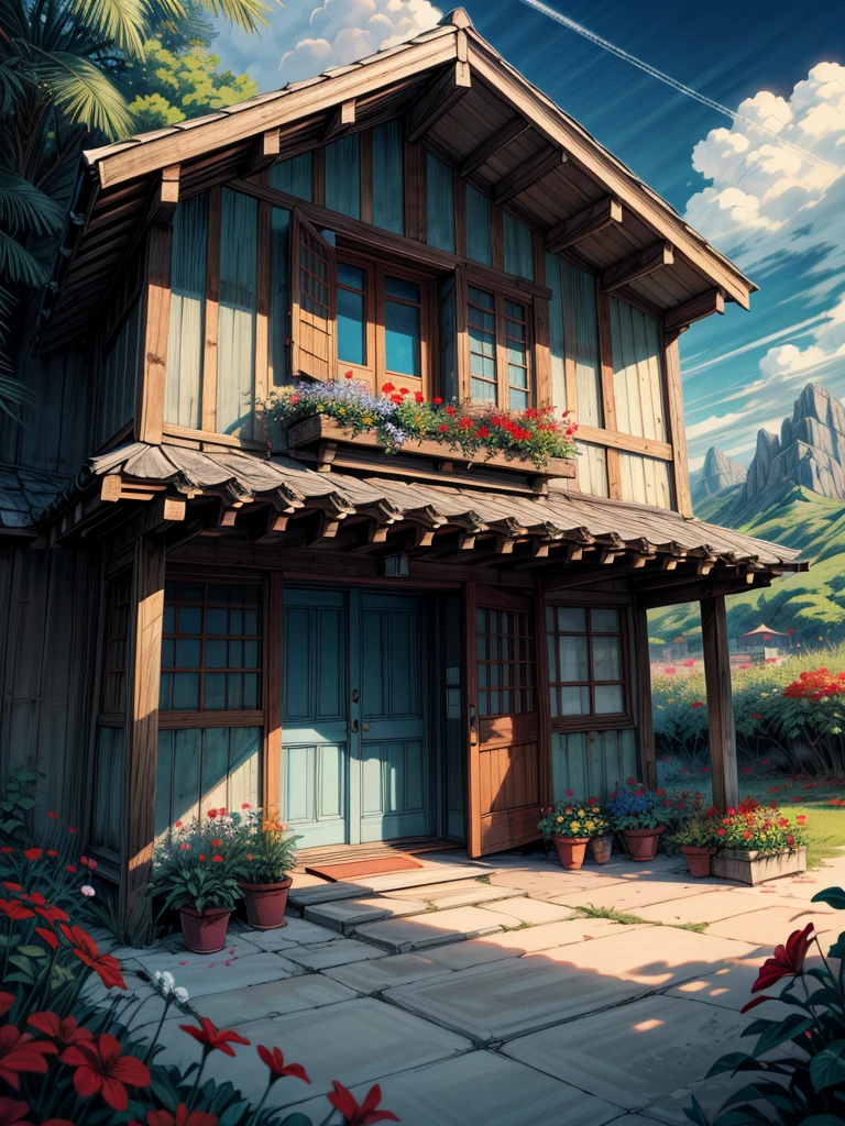 super wide perspective, outdoors, a beautiful white colored old cabin, flower fields, mountains, blue doors and windows, beach side, windy, moody weather, sand, tropical plants, stairs, amazing sky, ghibli anime scene, pots with tropical leafy plants, white metal chair with table, white cycle with basket, red flowers in balcony, flowers in foreground, cinematic color tones, subtle light, vibrant color tones, ghibli style, no humans, scenery, masterpiece, high resolution