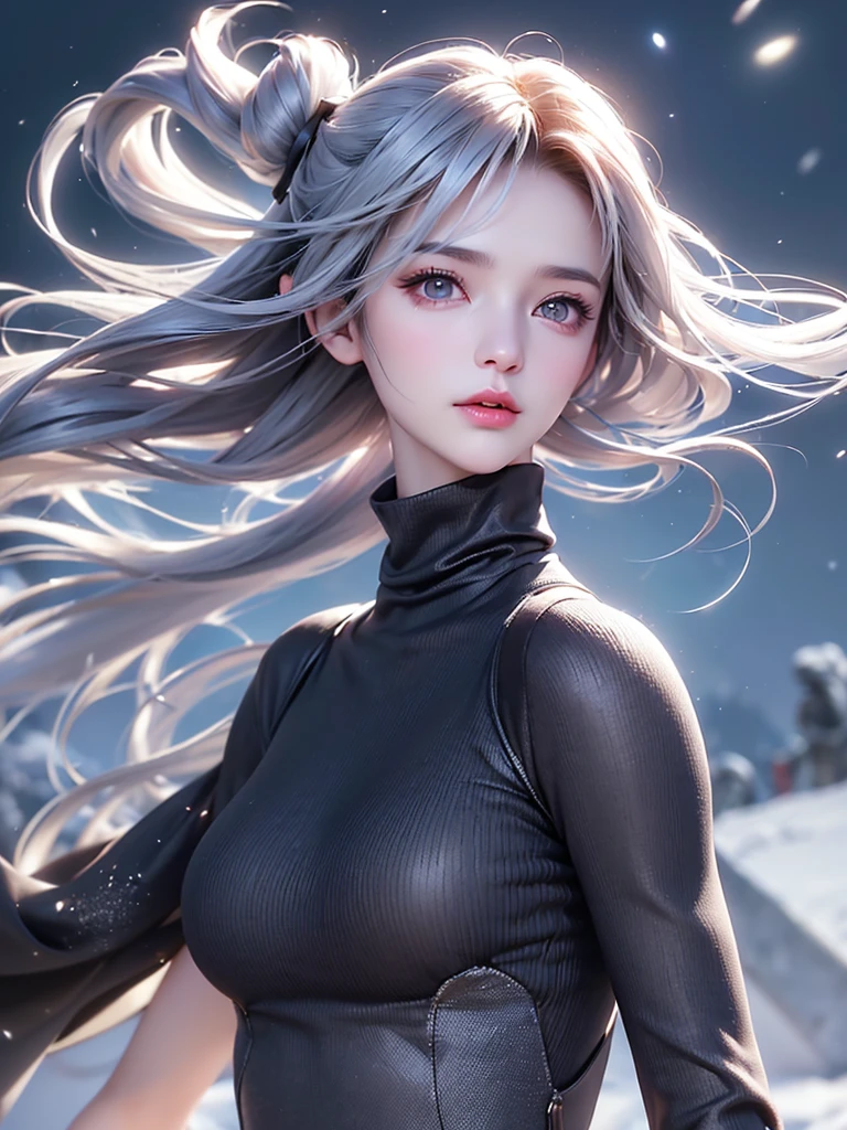 ((masterpiece:1.5、8k、Tabletop、フォトリアリスティックでVery detailedなCG、Very detailed、Particle Effects、Dynamic Effects、Shallow depth of field、Cinematic Light、Lens flare、Ray Tracing、Tabletop、Realistic:1.4、Ultra-high resolution:1.2、Realistic、Realistic))((alone、,A woman wearing a black cashmere coat over a halter neck dress:1.4、Elegant woman posing、Detailed face、bright表情、young, bright, Whiter skin、Medium chest、Beautiful cleavage、Best Looks、Asian、Ultimate beauty、bright and shiny hair,、Super long, Silky straight hair、Hair dancing in the wind))(morning、The setting is outdoors in the snow、Crystal of snow)((shiny white hair))