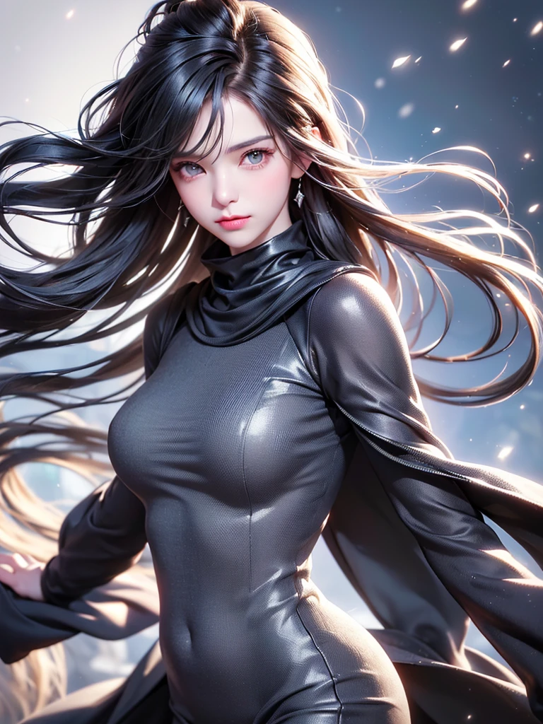 ((masterpiece:1.5、8k、Portraiture、フォトリアリスティックでVery detailedなCG、Very detailed、Particle Effects、Dynamic Effects、Written boundary depth、Cinematic Light、Lens flare、Ray Tracing、Tabletop、Realistic:1.4、Ultra-high resolution:1.2、Realistic、Realistic))((alone、Turtleneck dress,No sleeve、Woman in a black fur coat:1.4、Exposed sideways breast doll-like pose、Detailed face、bright表情、young, bright, Whiter skin、Small breasts:1.4、Best Looks、Ultimate beauty、Grey hair with shiny highlights:1.8、bright and shiny hair,、Arranged Hair、Hair dancing in the wind))(morning、In the background is a snowy hill overlooking the ruins...)