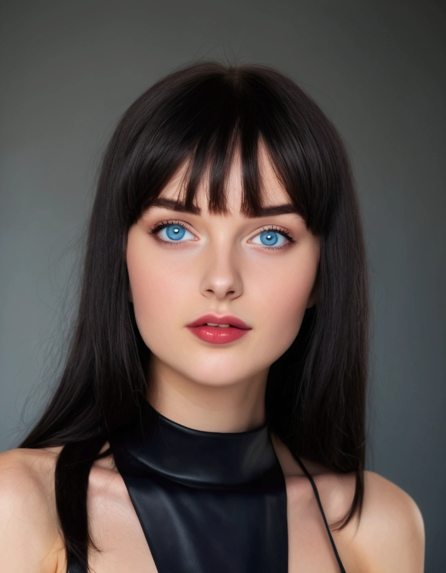 (arafed woman:1.5), (long baby bangs black hairs:1.6), (Big Dark blue Eyes:1.5), (Hungry eyes with long eyelashes), (Cute Russian ager 27 years old girl:1.5), (seductive smirk), (beautiful Diamond face and narrow nose:1.5), (busty lips and cherry red lipstick), posing for photo full body, background New York a portrait by Emma Andijewska, tachisme, dasha taran, angelawhite, bella thorne, angelina stroganova, yelena belova, angie glocka, brunette with hot, perfect body, Rebecca, natural makeup, full body, hightquality, Extreme Detail Photography, Eye for extreme detail, posing for a picture, looking aroused, stockings, close up shot of her face, depth of field, bokeh, Canon, masterpiece, 16k, 8k, 4K, HD, UHD