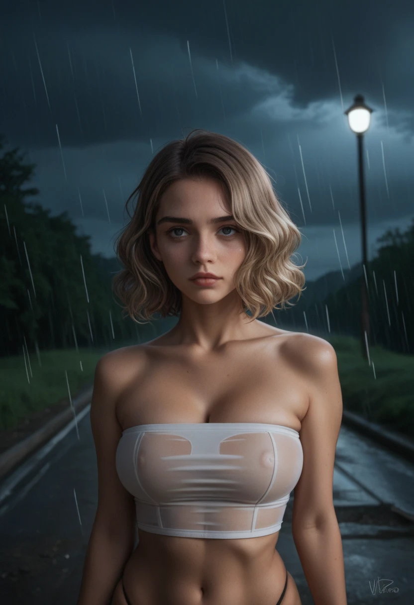 masterpiece, best quality, trending on artstation, (closeup of face and cleavage:1.2), 18 year old girl, wavy blonde hair, large breasts, (wearing see through gamer tube top:1.1), wearing micro thong, slim waist, perfect hips, posing, in a dark post apocalyptic landscape, (night:1.2), wilderness, dramatic sky, rain, light and shadow, vignette, ultra detailed, dark sky, light coronas, (sfw:1.2)