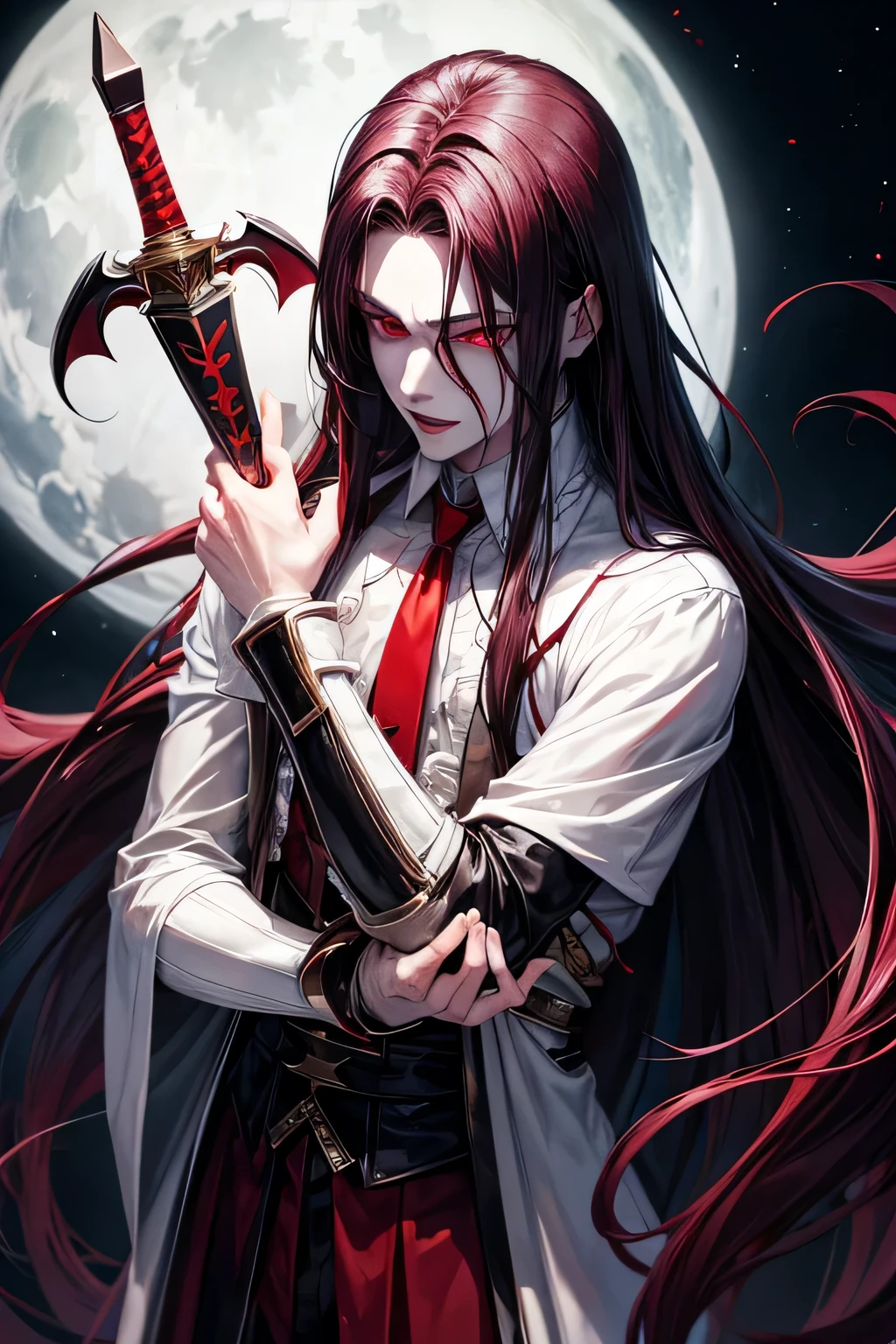 A cute vampire man with long hair, pale skin and red eyes hold a swords with full of bloods
