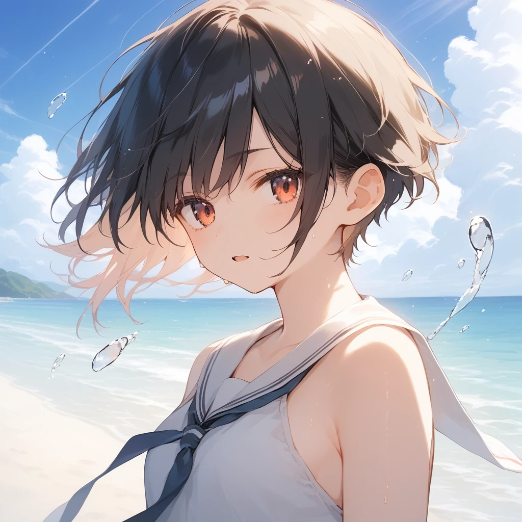 score_9, score_8_up, score_7_up, source_anime, best quality, masterpiece, official art, absurdres, highres, ultra-detailed,waifu2x,Collection: Slice of Life,break,1girl, tomboy, very short hair, pixie cut, breasts, beautiful detailed eyes, expressionless, serahuku, beautiful detailed eyes, sweat, open mouth, sleepily, outdoors, wind, beach,break,(clear line illustration:1.2), super detailed skin,very high resolution, very aesthetic, Best sexual lighting powered by famous artist, 8k,cute picture,beauty illustration,photoshop_(medium),,(Detailed Lighting),best anime 8k konachan wallpaper, pixiv contest winner,