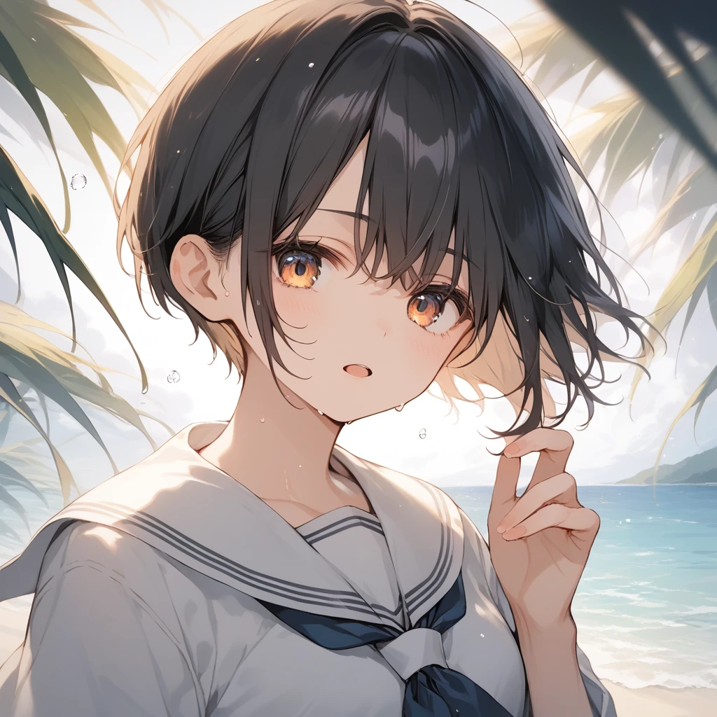 score_9, score_8_up, score_7_up, source_anime, best quality, masterpiece, official art, absurdres, highres, ultra-detailed,waifu2x,Collection: Slice of Life,break,1girl, tomboy, very short hair, pixie cut, breasts, beautiful detailed eyes, expressionless, serahuku, beautiful detailed eyes, sweat, open mouth, sleepily, outdoors, wind, beach,break,(clear line illustration:1.2), super detailed skin,very high resolution, very aesthetic, Best sexual lighting powered by famous artist, 8k,cute picture,beauty illustration,photoshop_(medium),,(Detailed Lighting),best anime 8k konachan wallpaper, pixiv contest winner,