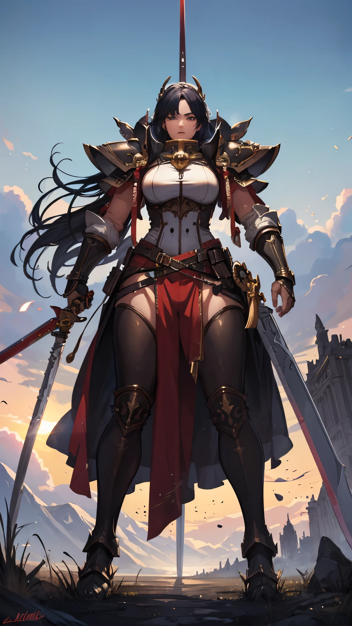 (masterpiece, 4K ,Super detailed:1.2), (anime:1), (Perfect quality), (((Adult body))), ((Swinging a big sword, Combat Ready)), The whole body is shown, View Viewer, Big body, Wandering Swordsman