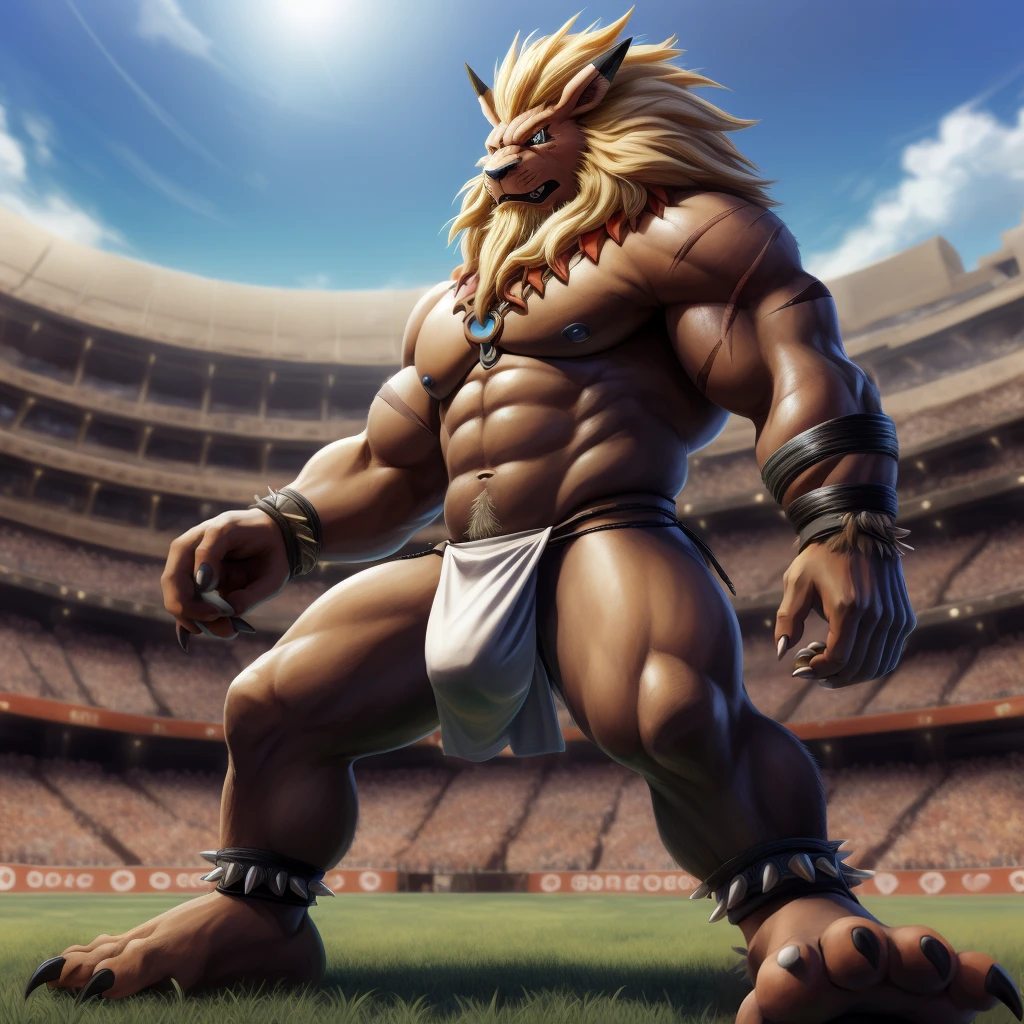 Furry, Kemono, Leon, Leomon, Digimon, solo, Antro body, Bigg Ass, Male Bulge, masculine, Full body, Feet, Braided Mane, Black leather harness, Spiked Anklet, White fitted fundoshi, (white Fundoshi) , Roman arena with public in the stands, Blue Sky Background with Green Grass Meadow, (Anime Blue Eyes), High Resolution, 4K Detailed, Good Lighting, Beautiful, Photorealistic, Realistic, japanese Fundoshi, (white loincloth), tale, tale Leon, black claw nails, Big Scar on left shoulder