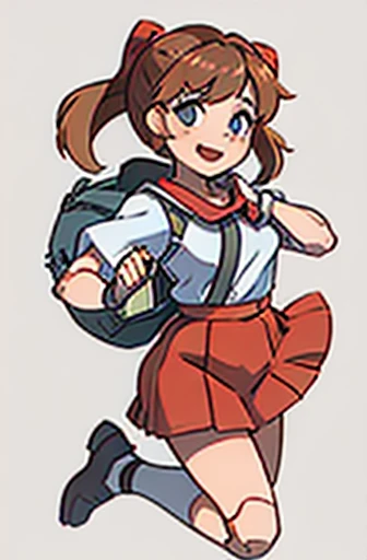 android, beautiful robot, short pigtails, brown hair, Hair tie with two big red clothespins, big smile, brown hair, middle age, joint seam, blue eyes, full body figure, Height: 160cm, Light beige micro mini dress, fluttering skirt, skirt folds, white retro swimwear, Uplifting, 2020s anime style, 21thcentury japan animation, show White pantie, strong wind is blowing.