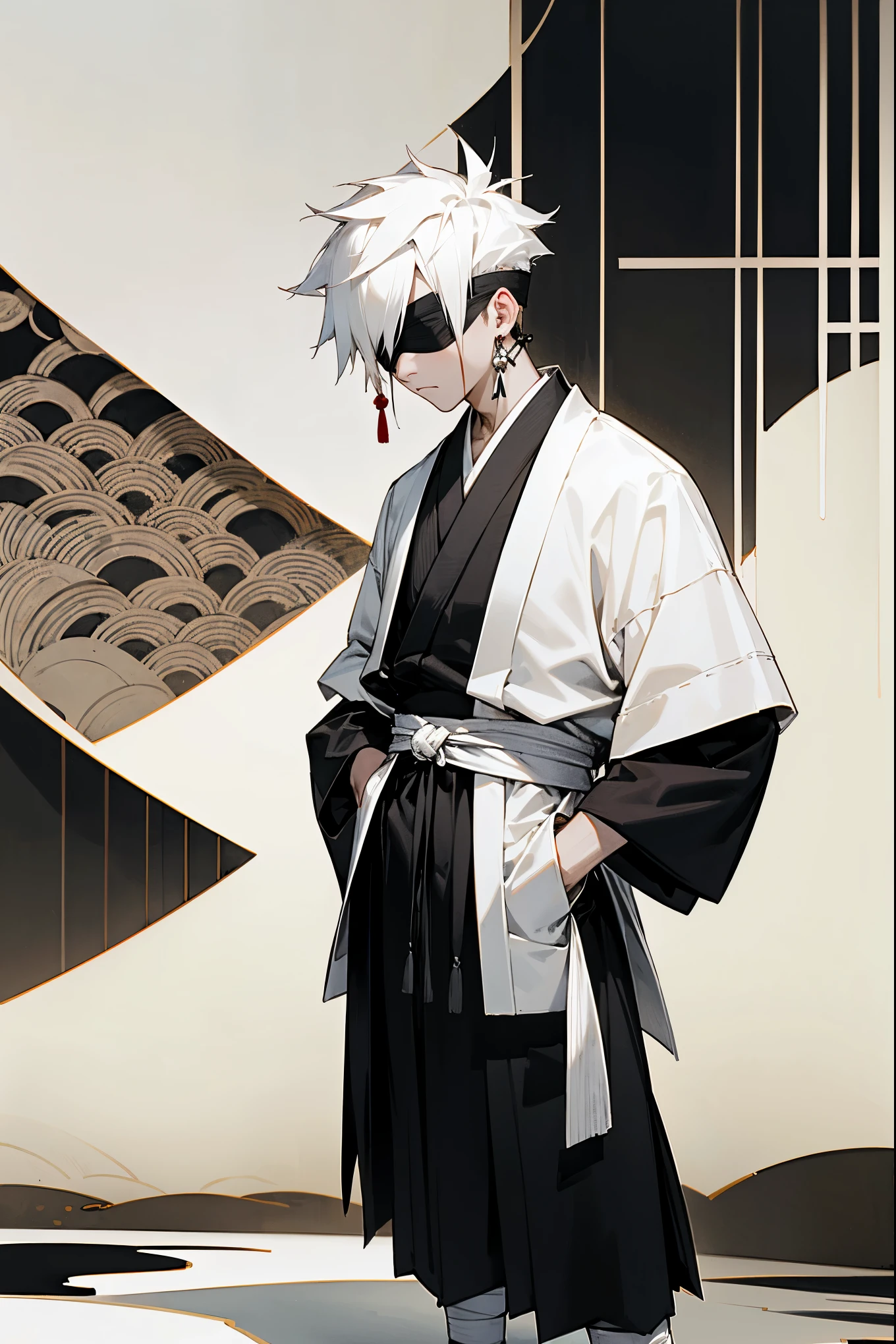 1male, black and white hair, black hair, white hair, half split hair, short hair, spiked back hair, white bandaged blindfold, calm expression, black and white split haori, traditional japanese background, hands to side, hands in pockets, standing on path