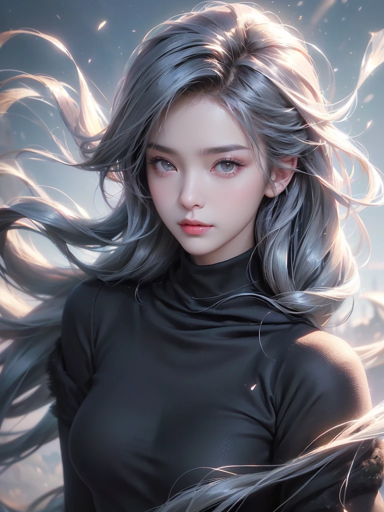 ((masterpiece:1.5、8k、Portraiture、フォトリアリスティックでVery detailedなCG、Very detailed、Particle Effects、Dynamic Effects、Written boundary depth、Cinematic Light、Lens flare、Ray Tracing、Tabletop、Realistic:1.4、Ultra-high resolution:1.2、Realistic、Realistic))((alone、Turtleneck dress,No sleeve、Woman in a black fur coat:1.4、Exposed sideways breast doll-like pose、Detailed face、bright表情、young, bright, Whiter skin、Small breasts:1.4、Best Looks、Ultimate beauty、Grey hair with shiny highlights:1.8、bright and shiny hair,、Arranged Hair、Hair dancing in the wind))(morning、In the background is a snowy hill overlooking the ruins...)