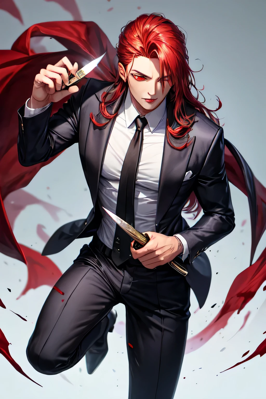A handsome vampire man hold a knife with blood on his suit. Long hair and red eyes