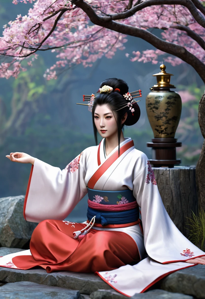 Необходимо создать concept-арт гейши для MMORPG, centered on a Japanese setting. full length, concept, full length пероснаж, A geisha should inspire grace, sophistication and mystery, typical of Japanese culture. sitting. gracefully.