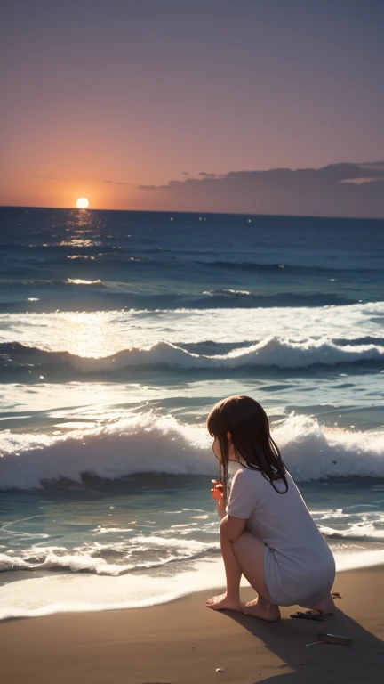 The Meeting on the Beach
**Description:** A peaceful beach at dawn, with gentle waves lapping the sand. In the foreground, a young artist named Lucas is approaching a young girl named Sofia. Sofia is squatting, collecting shells, with the rising sun illuminating her hair and making her light dress sway in the wind. Lucas holds a color palette and a brush in one hand, while watching in awe.