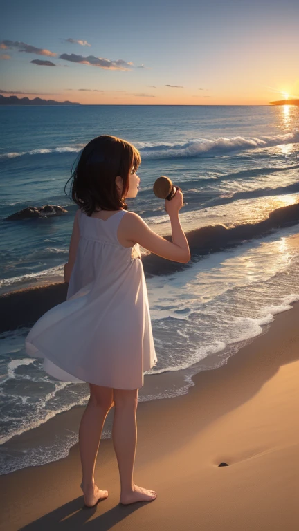 The Meeting on the Beach
**Description:** A peaceful beach at dawn, with gentle waves lapping the sand. In the foreground, a young artist named Lucas is approaching a young girl named Sofia. Sofia is squatting, collecting shells, with the rising sun illuminating her hair and making her light dress sway in the wind. Lucas holds a color palette and a brush in one hand, while watching in awe.