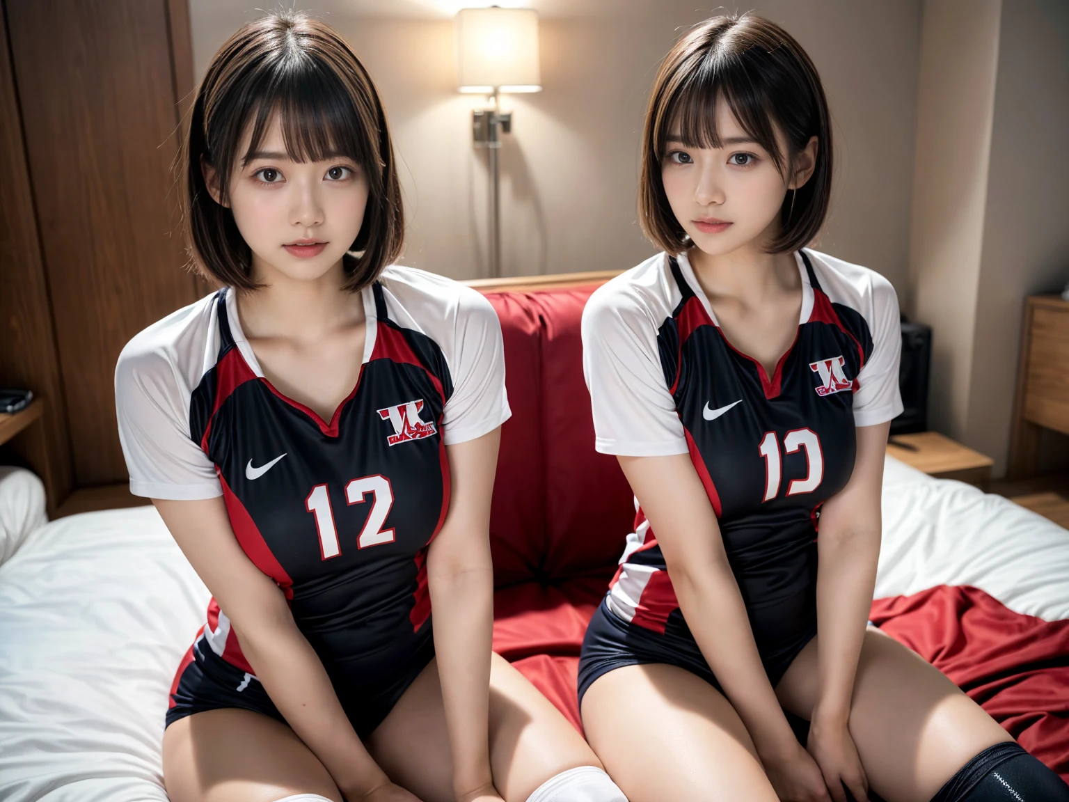 masterpiece, best quality, illustration, Super detailed, fine details, High resolution, 8K,wall paper, perfect dynamic composition,(Details High quality, realistic depiction of eyes:1.3), (2 girls), (short hair volleyball player, Volleyball Uniforms), Tight clothes, sitting, open legs, short bob hair, in a hotel room in the background, deep on field, large breasts, black hair color, Big Natural Color Lip, (perfect body shape), crying a little、Harajuku style、20 year old girl、cute type、beautiful legs, Gravure Idol