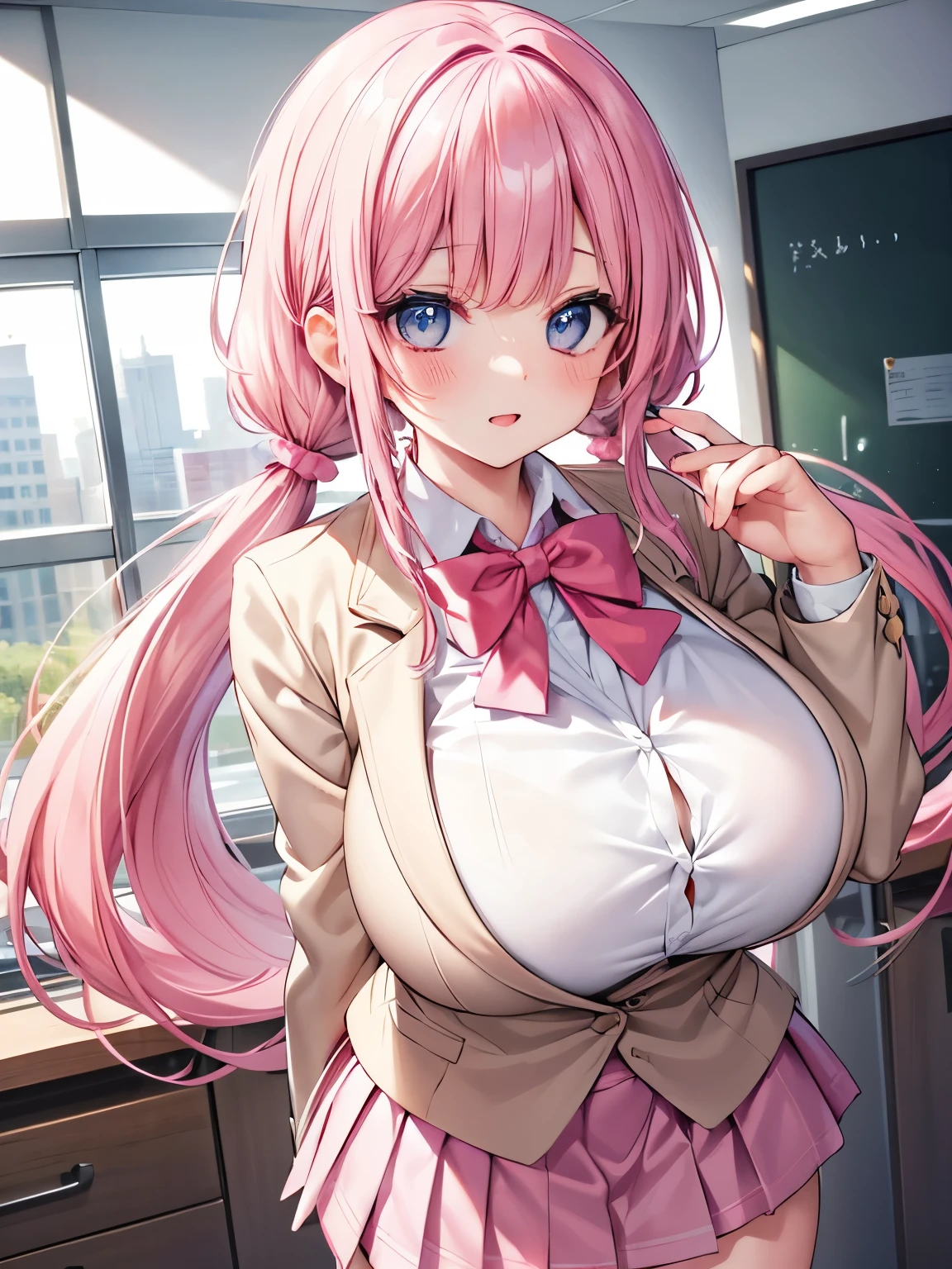 Best Quality,Detailed and cute eyes,Very cute face,(Solo Girl),(gigantic breasts:1.4),(Pink hair),(low twintails:1.4),Scrunchie,(Big light blue eyes),A very happy smile,Open your mouth wide,View Viewer,BREAK,(Student Uniform,Beige blazer,Wear a blazer over a button-down collared shirt,Red bow tie,Pink pleated skirt:1.5),Are standing,Cowboy Shot