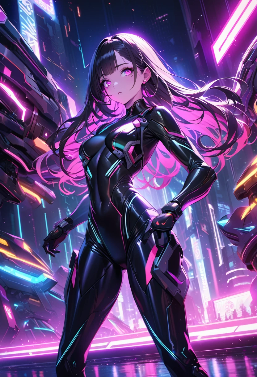 a futuristic Chinese girl in a high-tech battle suit, sleek skin-tight bodysuit, detailed facial features, piercing eyes, elegant pose, advanced machinery, neon lights, metallic accents, cinematic lighting, vibrant colors, dramatic atmosphere, hyper-detailed, 8k, photorealistic