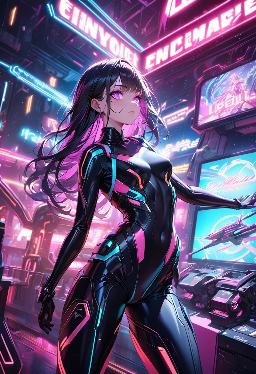 a futuristic Chinese girl in a high-tech battle suit, sleek skin-tight bodysuit, detailed facial features, piercing eyes, elegant pose, advanced machinery, neon lights, metallic accents, cinematic lighting, vibrant colors, dramatic atmosphere, hyper-detailed, 8k, photorealistic