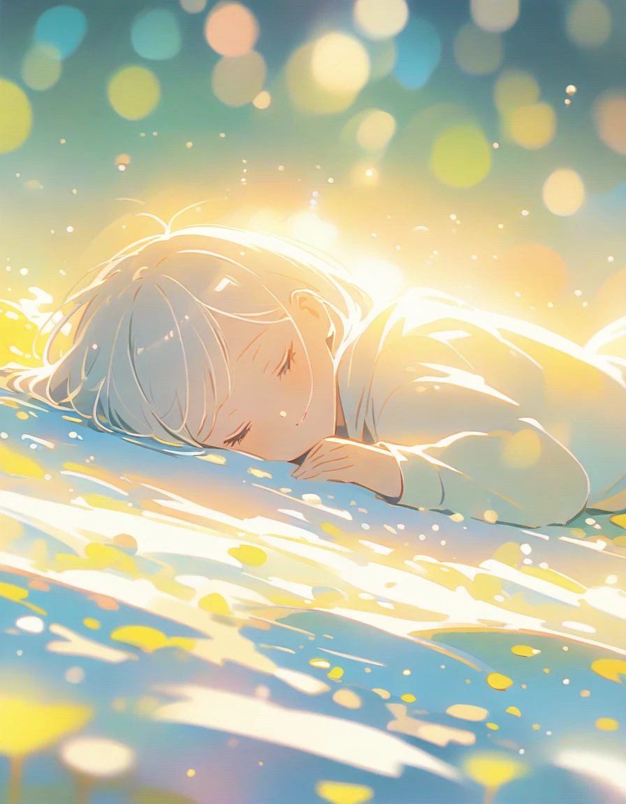 atmospheric perspective, depth of field, cinematic lighting, sparkle, f/2.8, 135mm, UHD, retina, high details, high quality, highres, best quality, 4K、snow、Silver Hair、１People Girls、Please depict the image as white and pale overall.,((Snow Fairy)),((lie down on the snow))