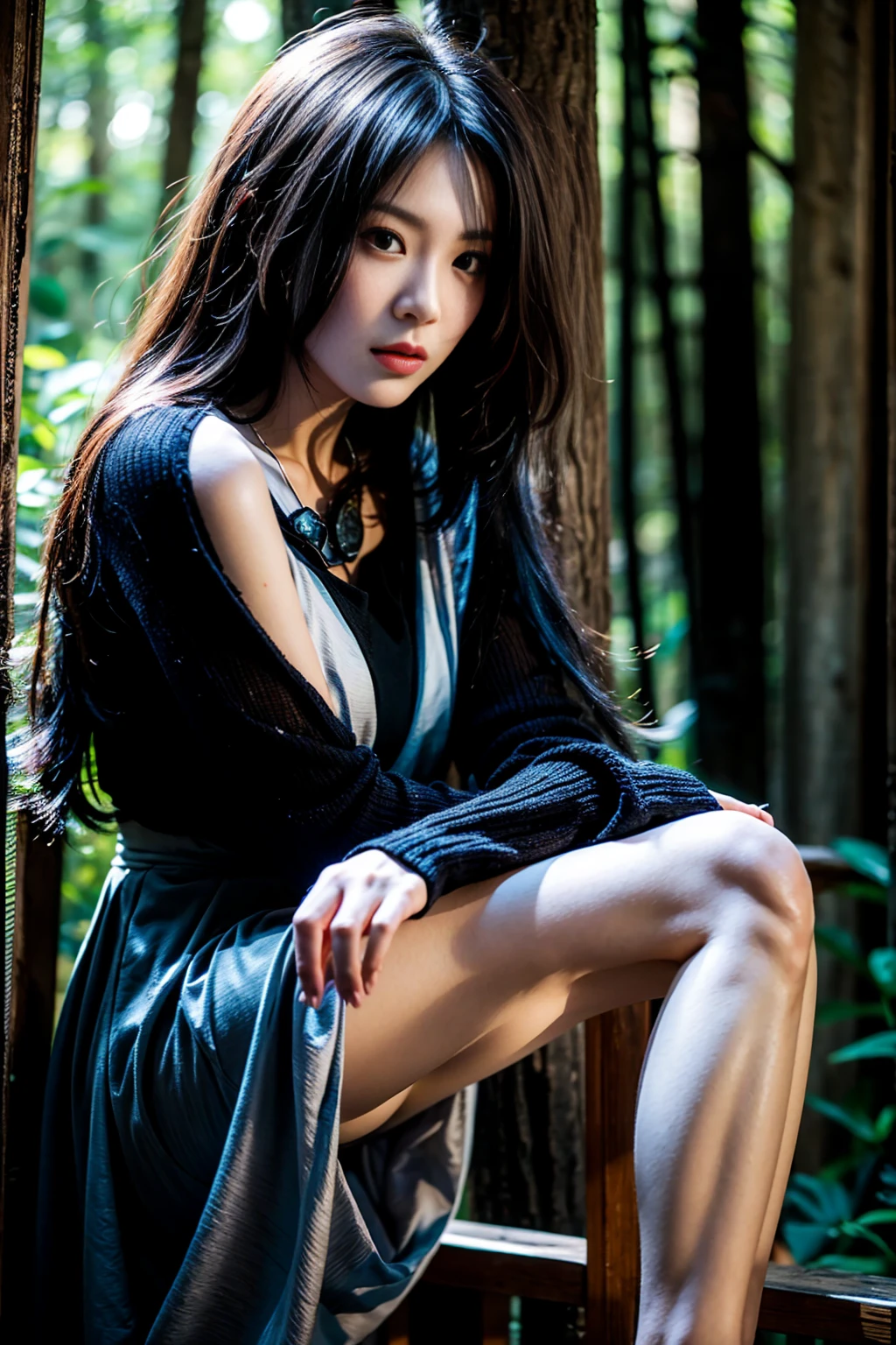 Prompt: ((best quality)), ((masterpiece)), (detailed), perfect face, silver hair, black eyes, lips, assassin's sexy clothes, realistic, 30 years old, Asian, perfect body, perfect hands, mythology creature, in the forest, full body potrait