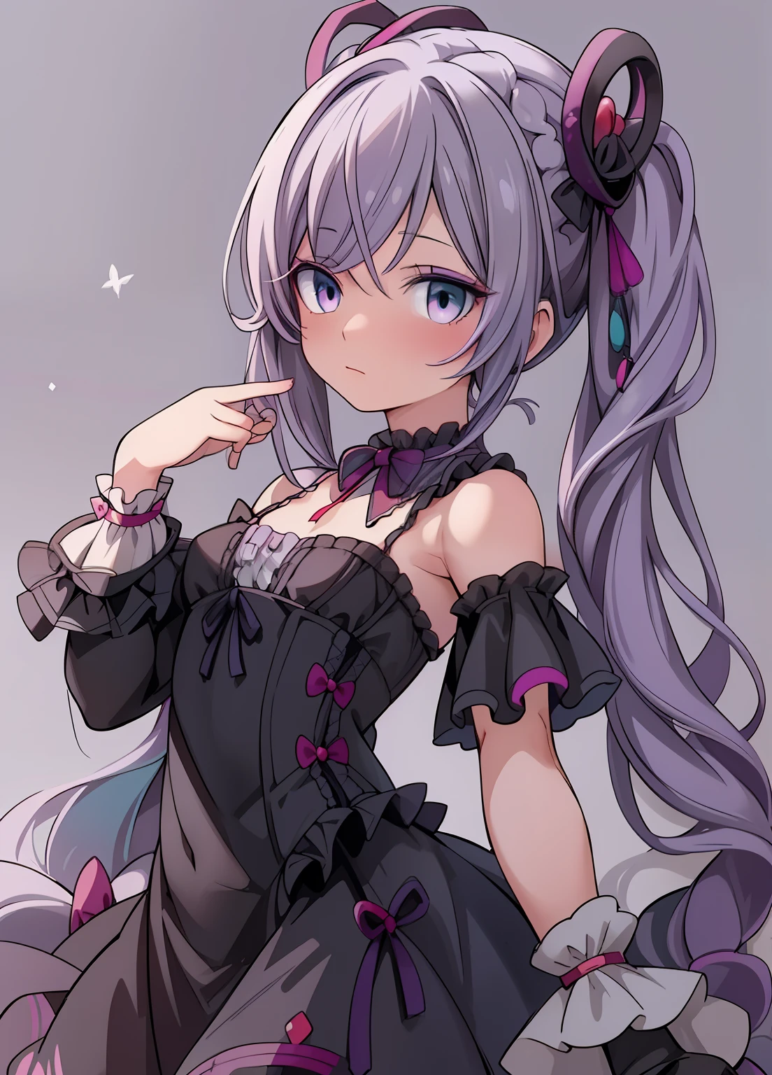 (masterpiece、Highest quality、Highest quality、Official Art、Beautiful and beautiful:1.2)、(One girl:1.3)Hatsune Miku、Twin tails,Beautiful breasts, Katsushika Hokusai, masterpiece, figure, Highest quality, Blackmail Jojo, CG, wallpaper, ++, One girl, alone, Light purple hair, Long Hair, French Braid, Single Side Lock, Red eyes, multicoloRed eyes, Small breasts, Flat Chest, , Victorian dress, Upholstered dresses, Black Dress, corset, Neckwear, Off-the-shoulder dress, Frills, doll, doll joints, ++, Dynamic pose, Lean back, From below, Looking down, View your viewers, Put your arms behind your back, article, Upper Body, Portraiture, cold, neutral