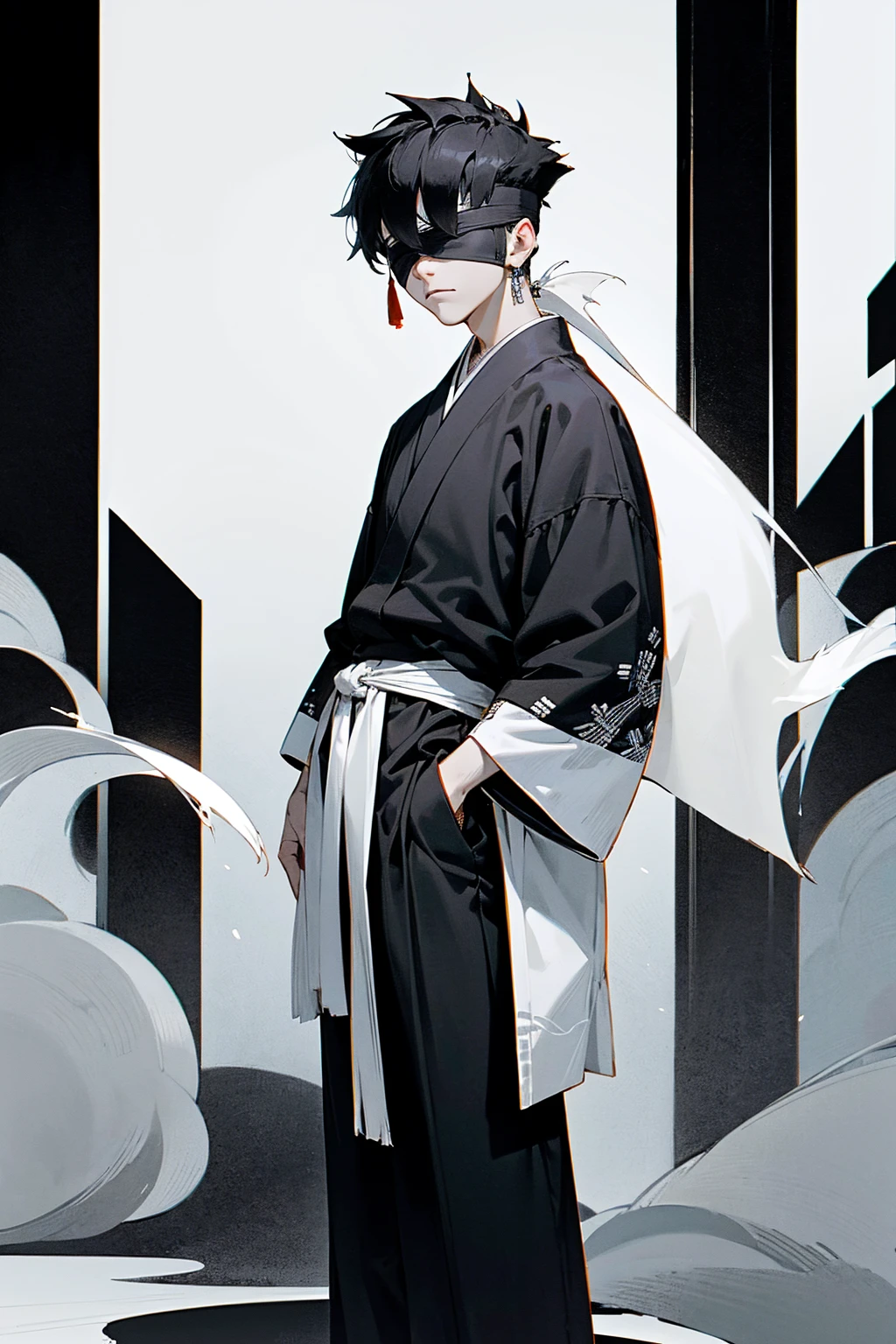 1male, black and white hair, black hair, white hair, half split hair, short hair, spiked back hair, white bandaged blindfold, calm expression, black and white split haori, traditional japanese background, hands to side, hands in pockets, standing on path